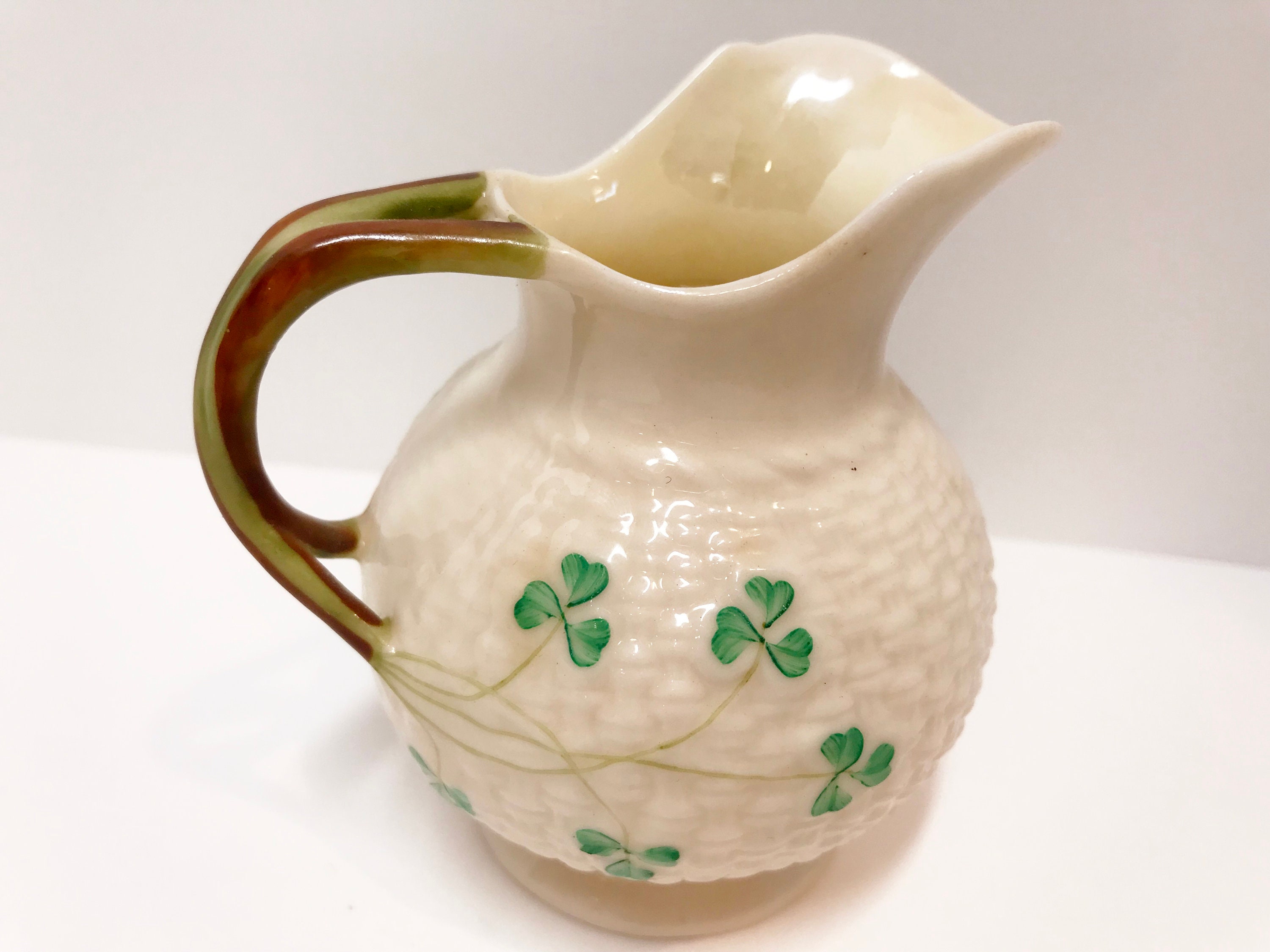 Shamrock Belleek Creamer, Irish Creamer, Samrock Belleek Pitcher, Brown