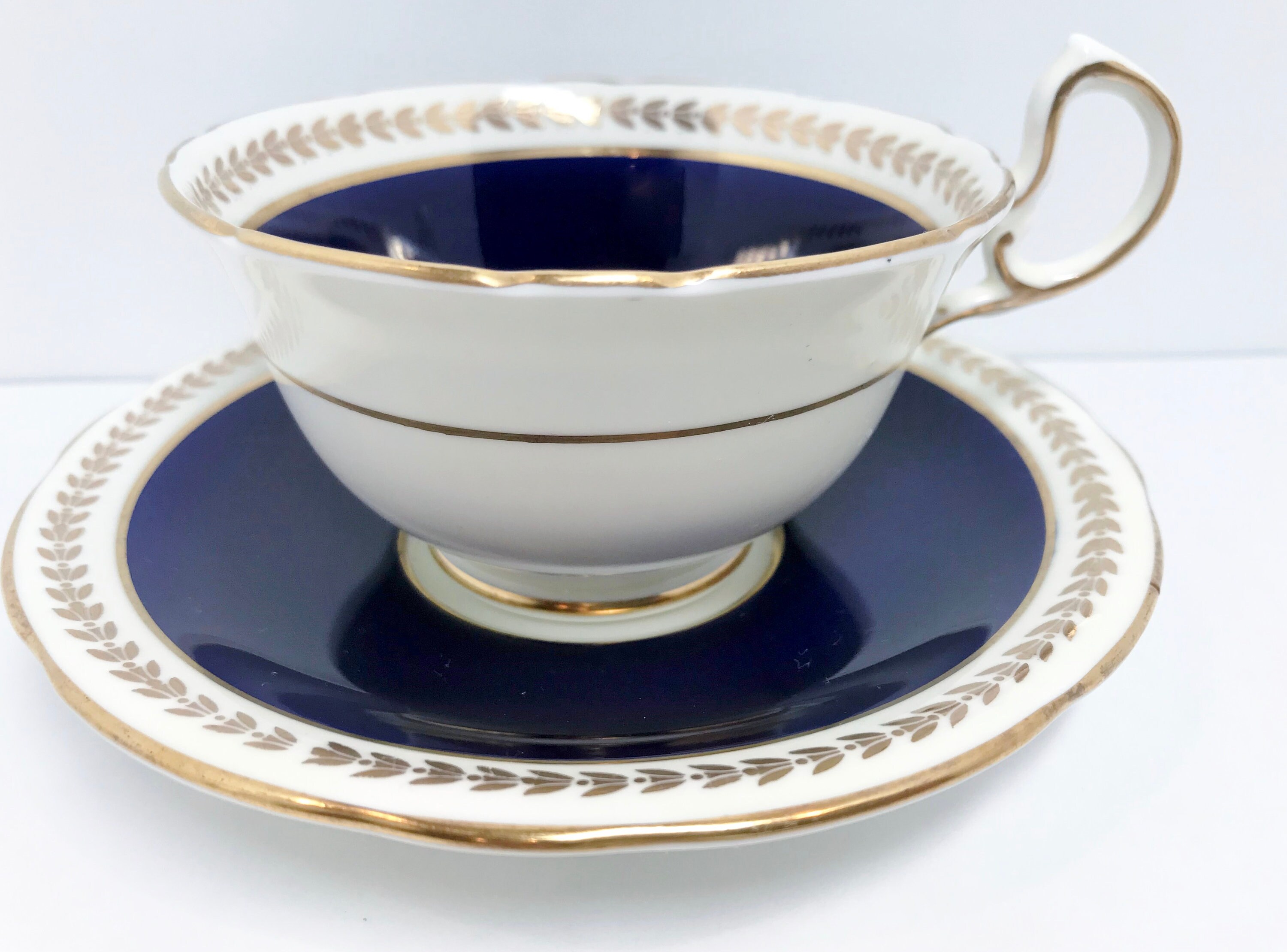 Navy Aynsley Teacup and Saucer, Antique Tea Cups, Navy Tea Cups