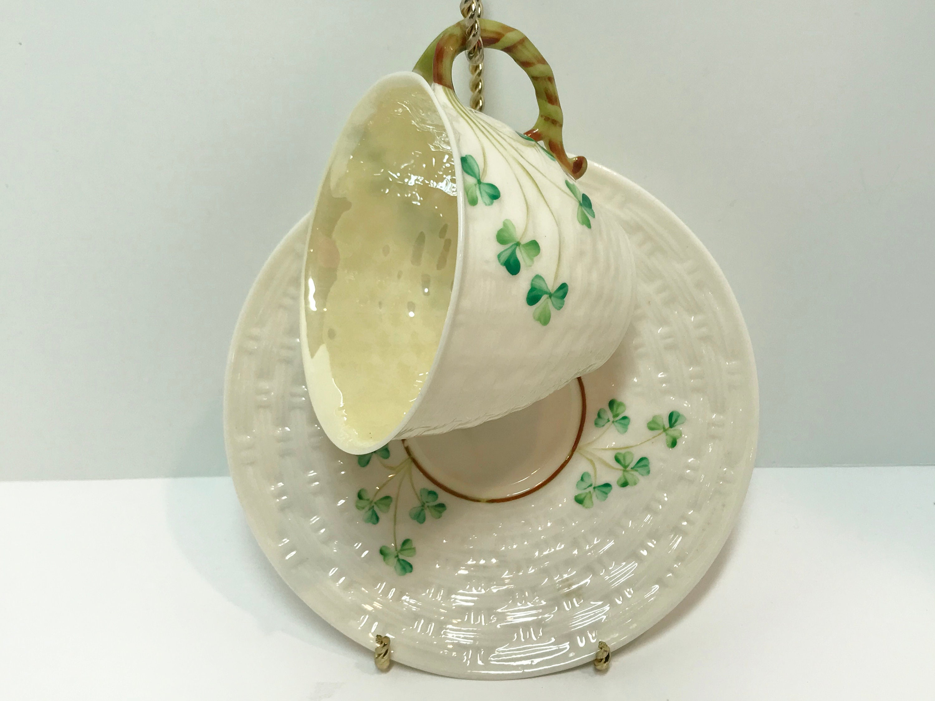 Shamrock Belleek Tea Cup and Saucer, Irish Tea Cup, Basket Weave ...
