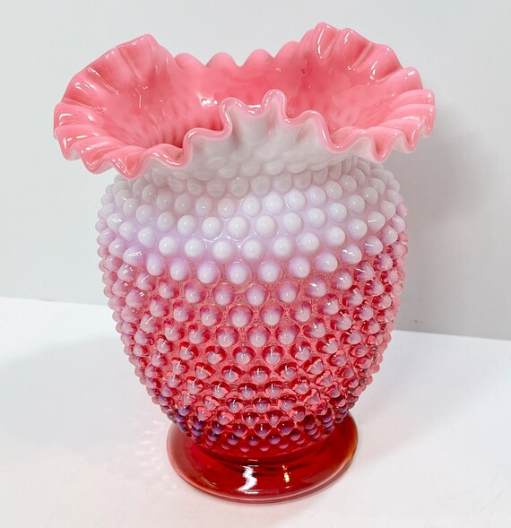 Vintage 8 Inch Fenton Hobnail Vase , Pink and White Hobnail Fenton , Cranberry Opalescent Vase , Fenton Opalescent , Gifts for Her