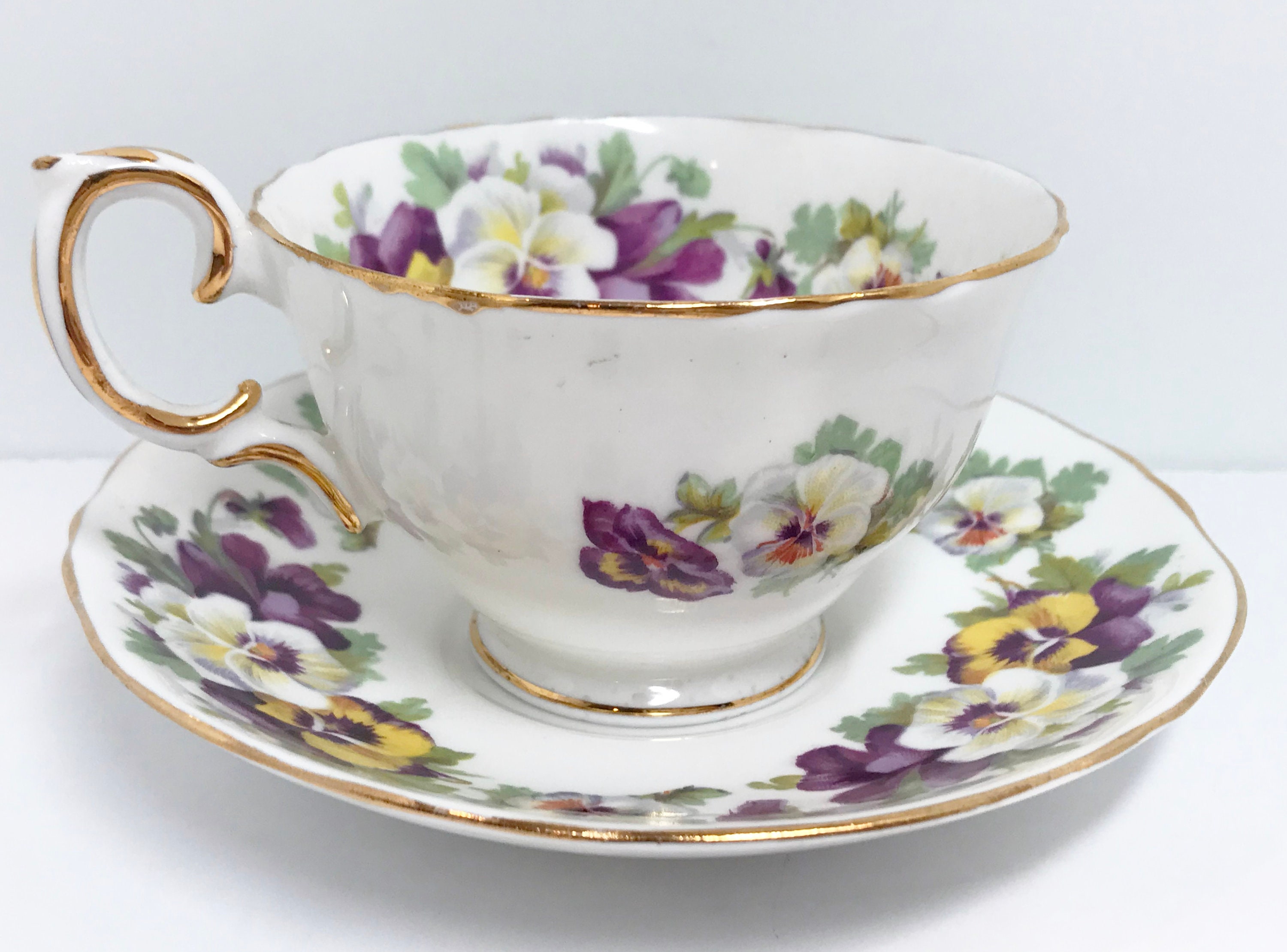 Crown Staffordshire Teacup and Saucer, Pansy Tea Cups, English Bone