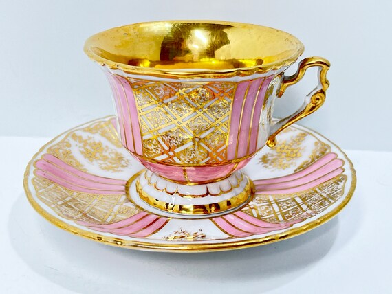 Antique Teacup and Saucer , Antique Tea Cup Vintage , Pink Gold Tea Cup , Anniversary Gift , Gift for Her , Thank You Gift