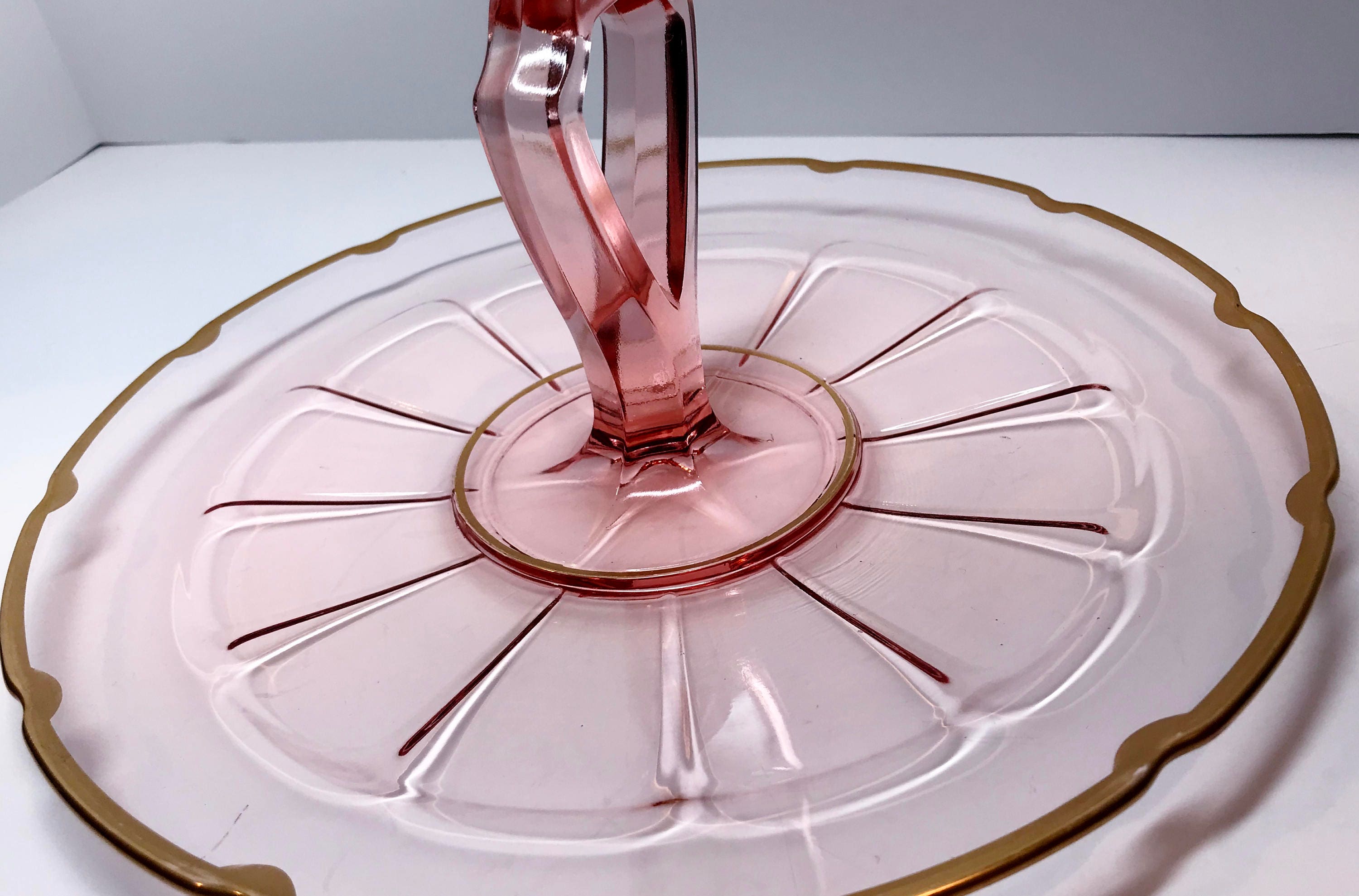 Pink Depression Glass Dessert Plate, Pink Gold Handled Tray, Pink