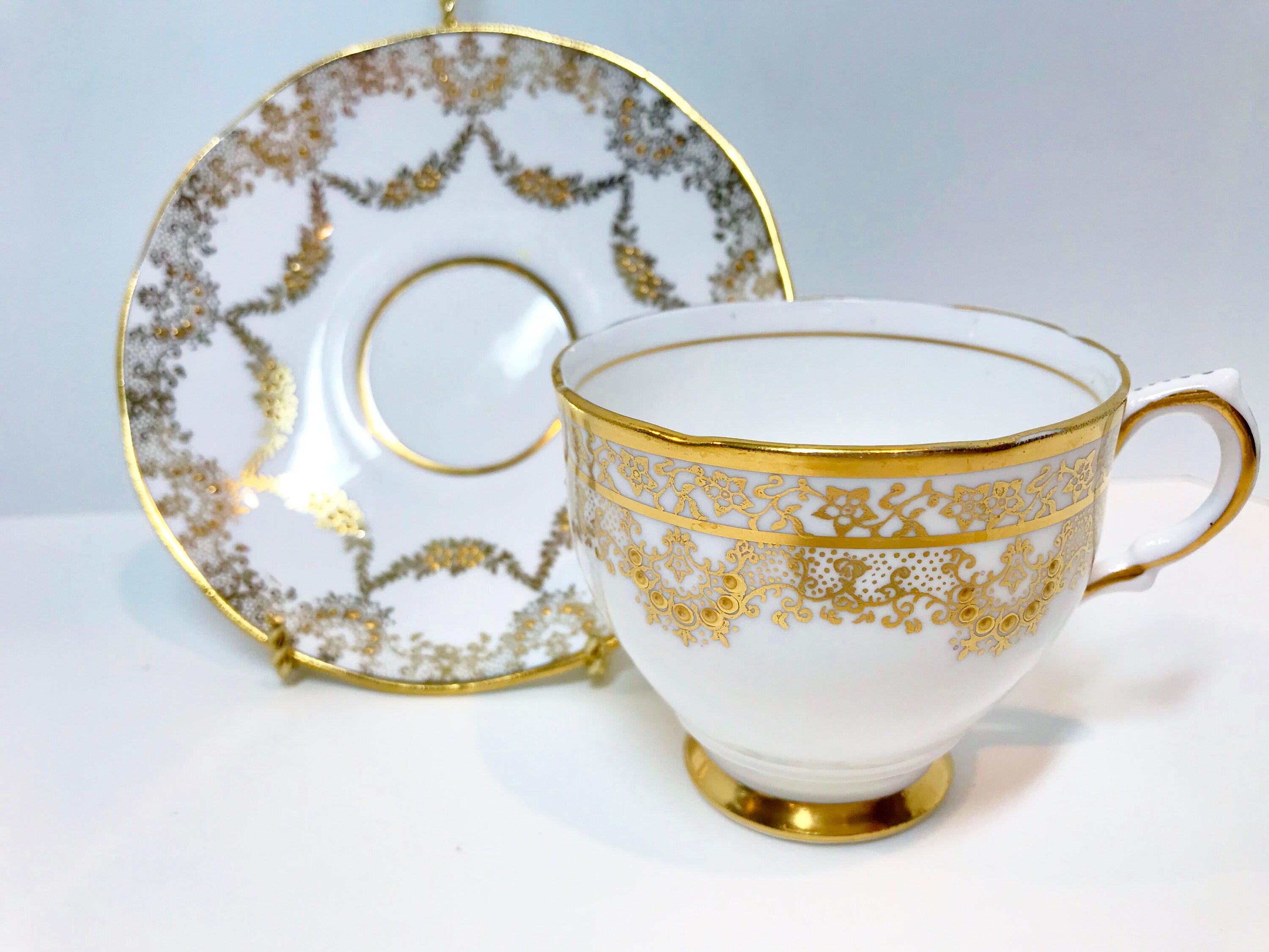 Salisbury Tea Cup and Saucer, White Gold Tea Cups, Antique Tea Cups
