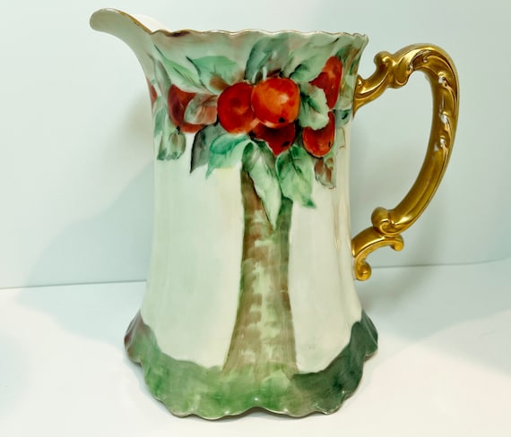 Limoges Pitcher , Haviland Limoges , Apple Tree Pitcher , French Limoges , Victorian Pitcher , Hand Painted Pitcher