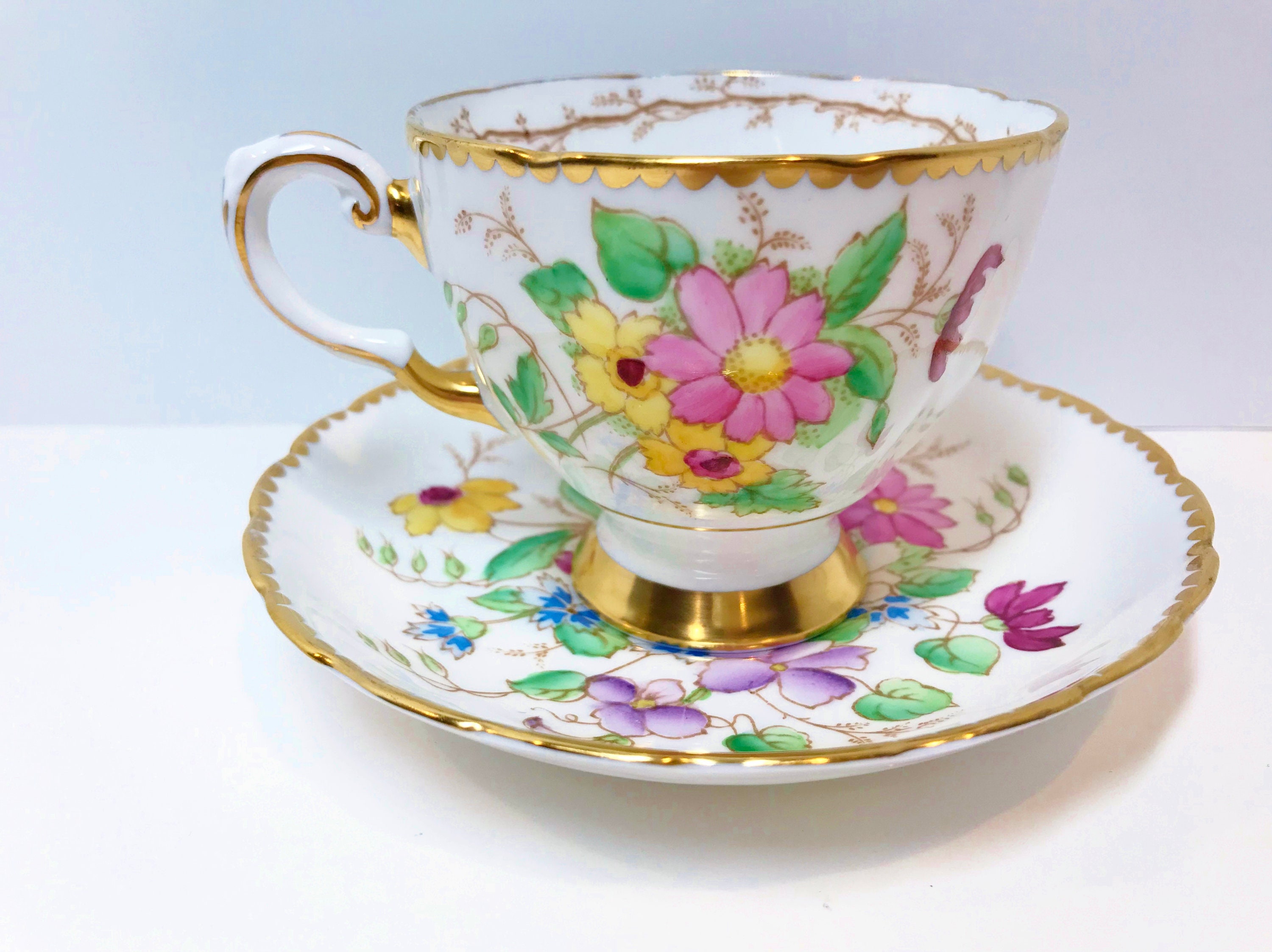 Hand Painted Tuscan Tea Cup and Saucer, Antique Tea Cups Vintage