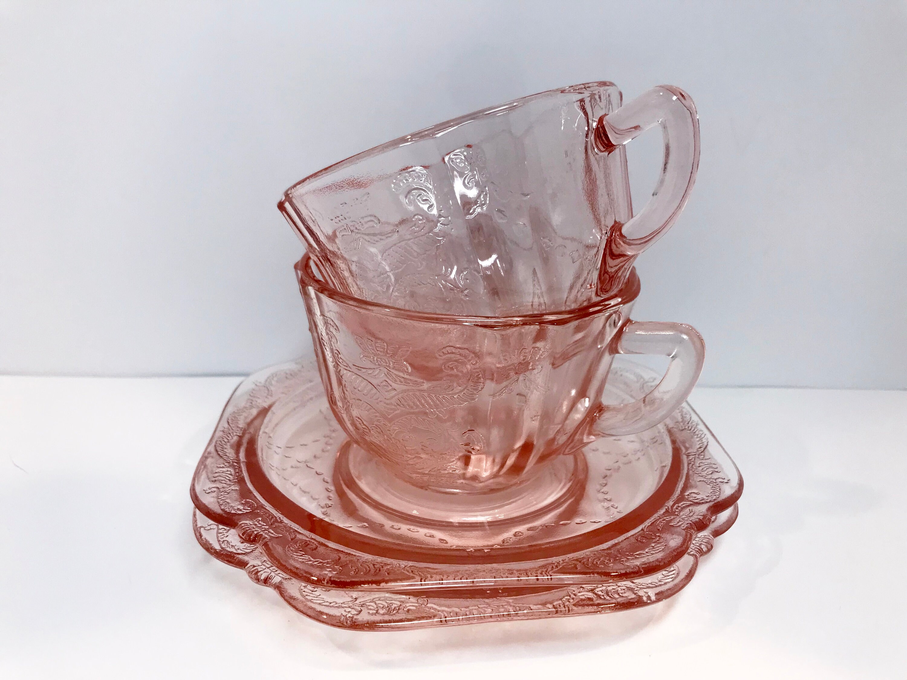 Pair Pink Depression Glass, Pink Madrid Cups, Pink Madrid by Federal, Pink  Madrid Glassware, Pair of Madrid Cups and Saucers