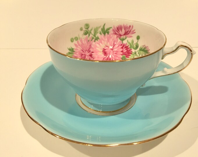 Aqua Adderley Tea Cup and Saucer, English Teacups, Tea Set, Aqua Pink