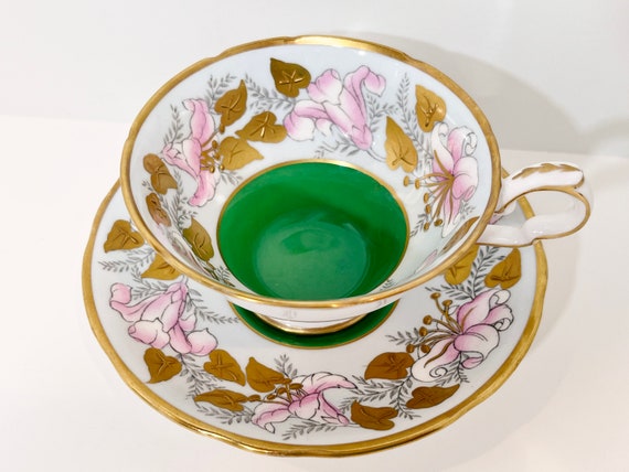 Morning Glory Teacup,  Royal Stafford Teacup and Saucer, Hand Painted Teacup, Antique Teacups, Pink Garland Tea Cup, Floral Teacups