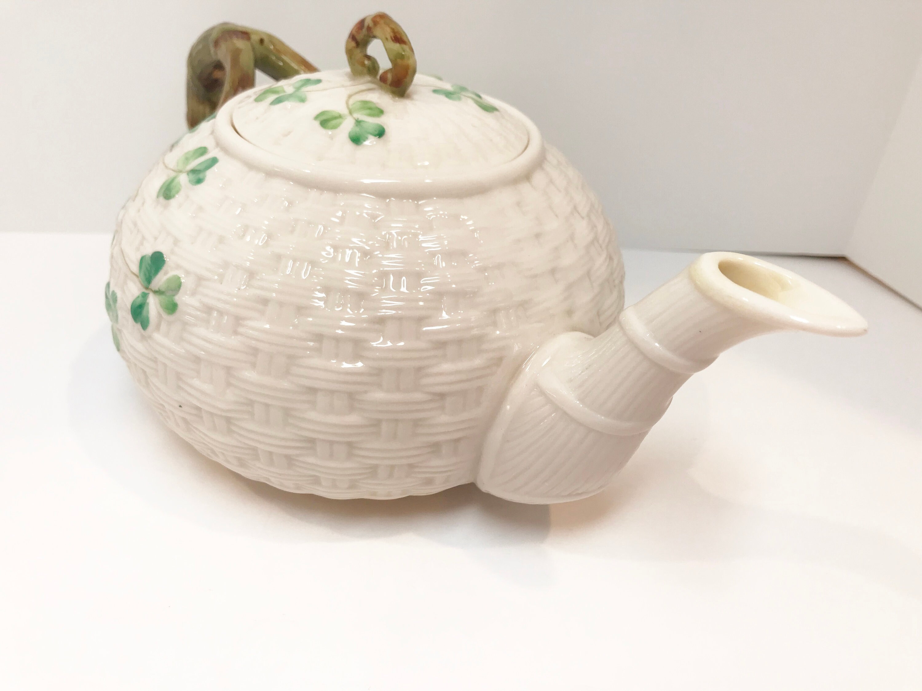 Large Shamrock Belleek Teapot, Shamrock Belleek, Black Mark Belleek