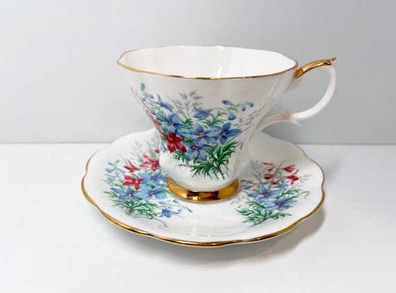 Royal Albert Larkspur Teacup and Saucer, Friendship Series, English Bone China, Antique Tea Cups Vintage Teacups Antique