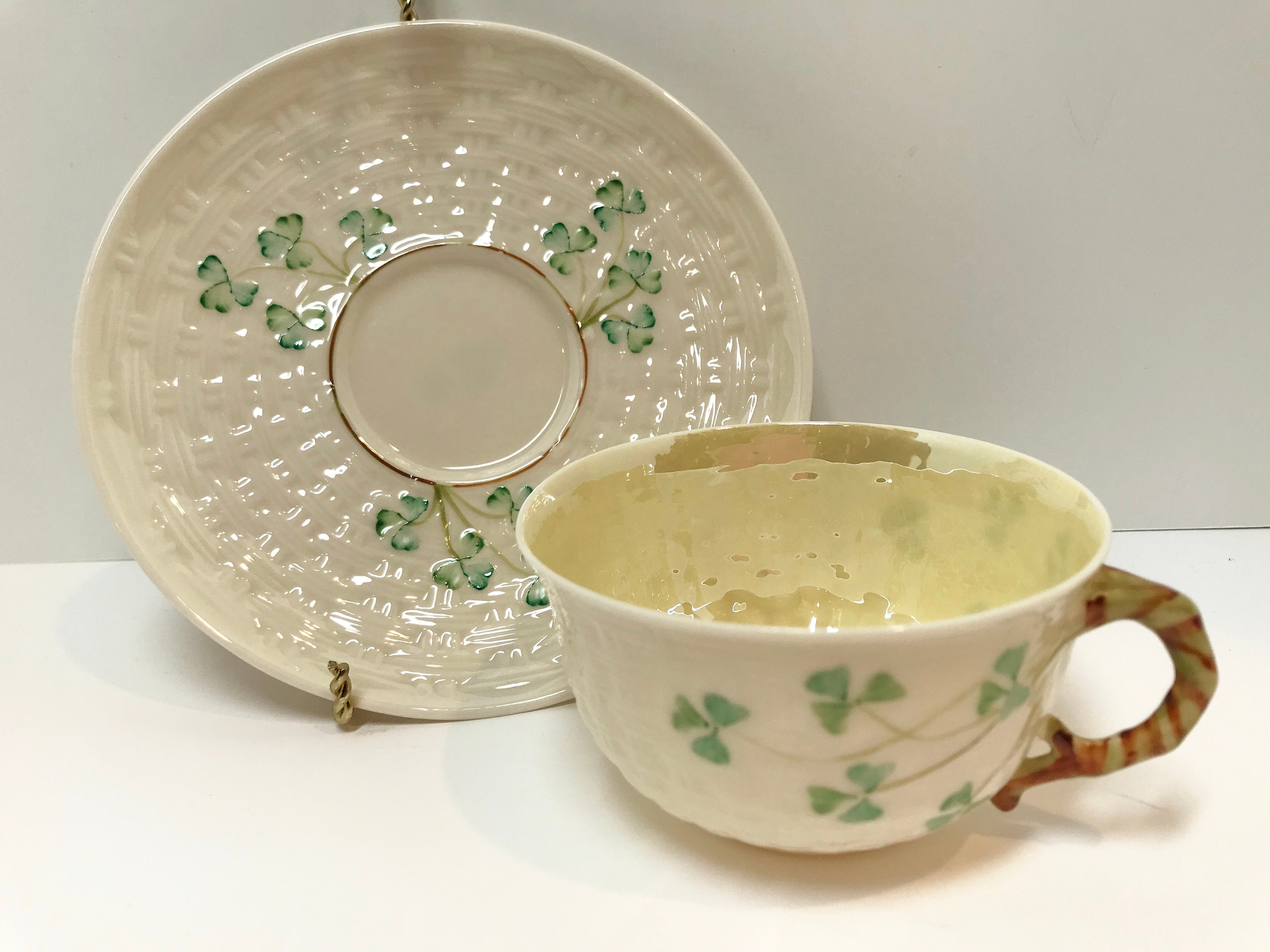 Shamrock Belleek Tea Cup and Saucer, Irish Tea Cup, Basket Weave