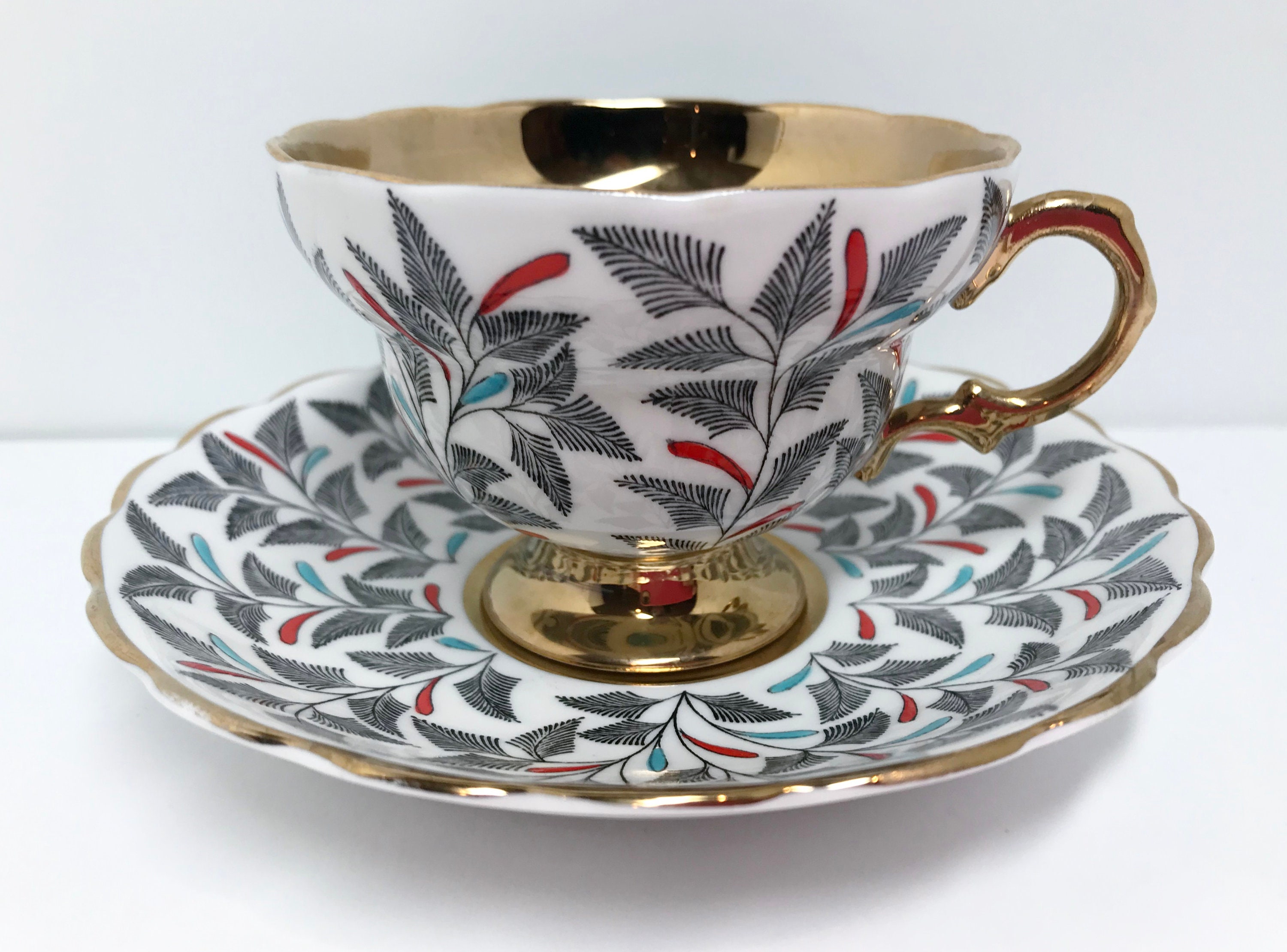 Gold Rosina Teacup and Saucer, Floral Teacups Vintage, Antique Teacups