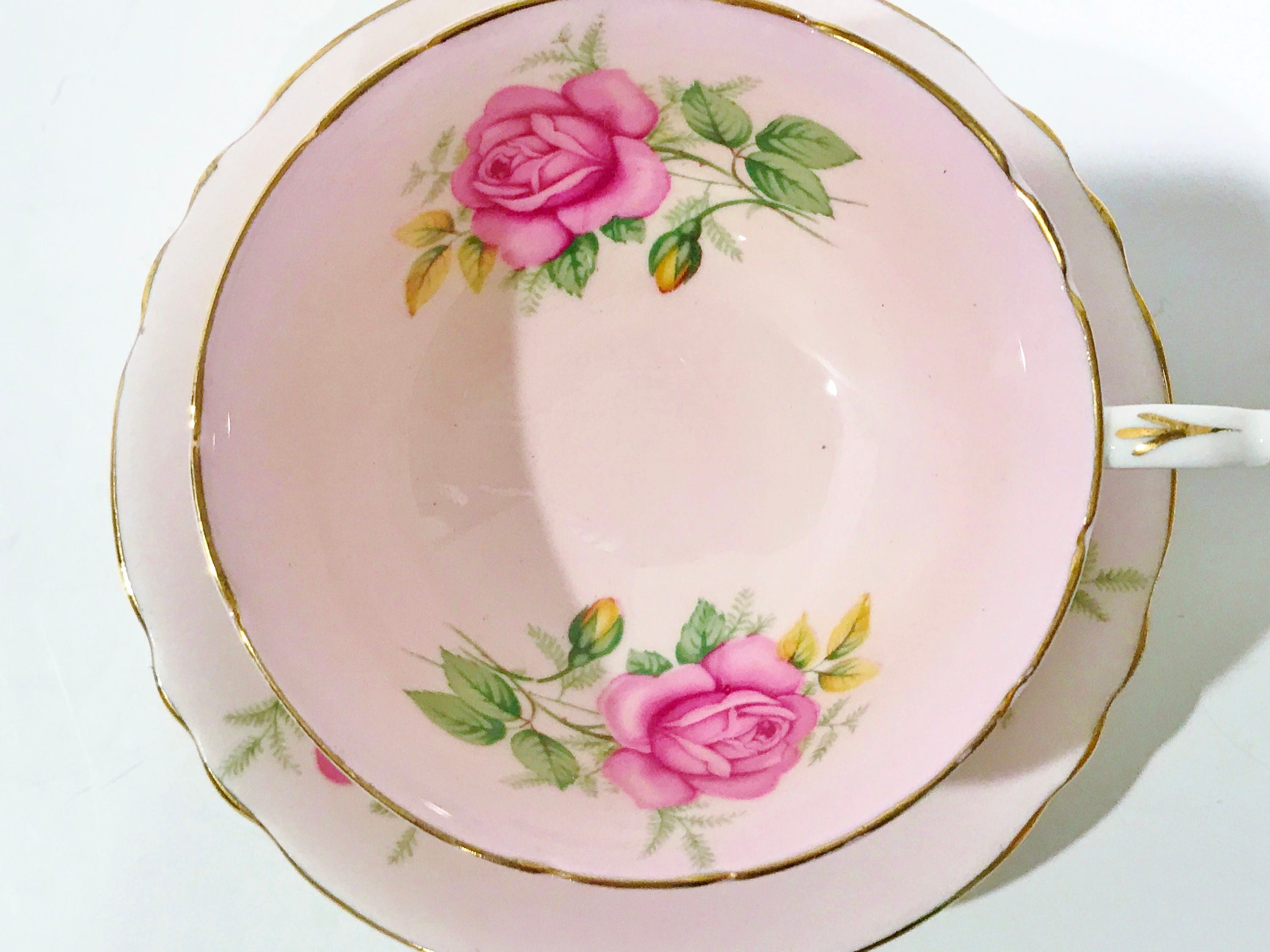 Paragon Tea Cup and Saucer England Pink Yellow Roses Gray small leaves  bridal shower Collectible farmhouse Display Cottage serving coffee –  Carol's True Vintage and Antiques