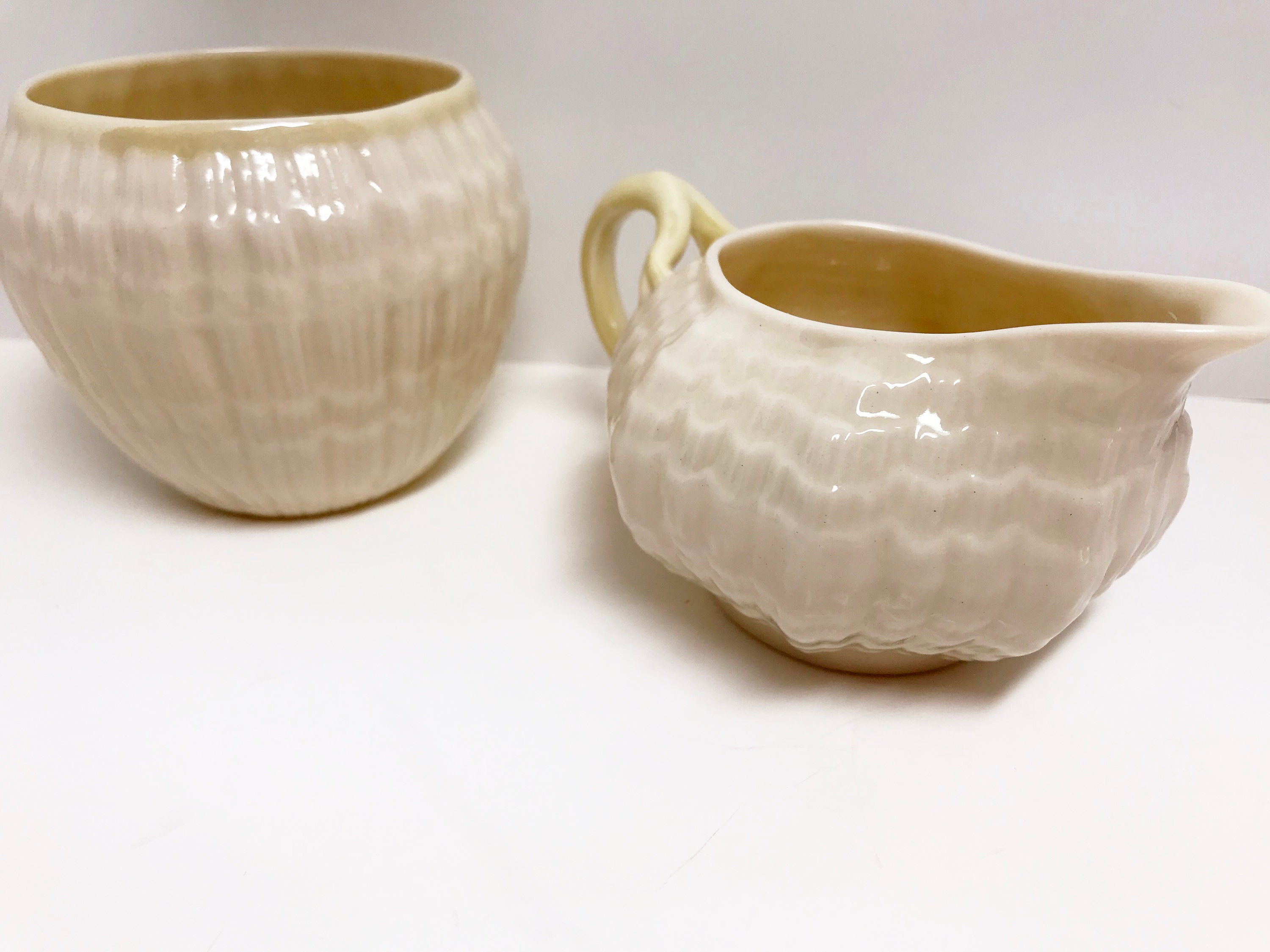 Reserved for SR, Limpet Belleek Sugar Bowl and Creamer, Limpet Pattern Green Mark Belleek