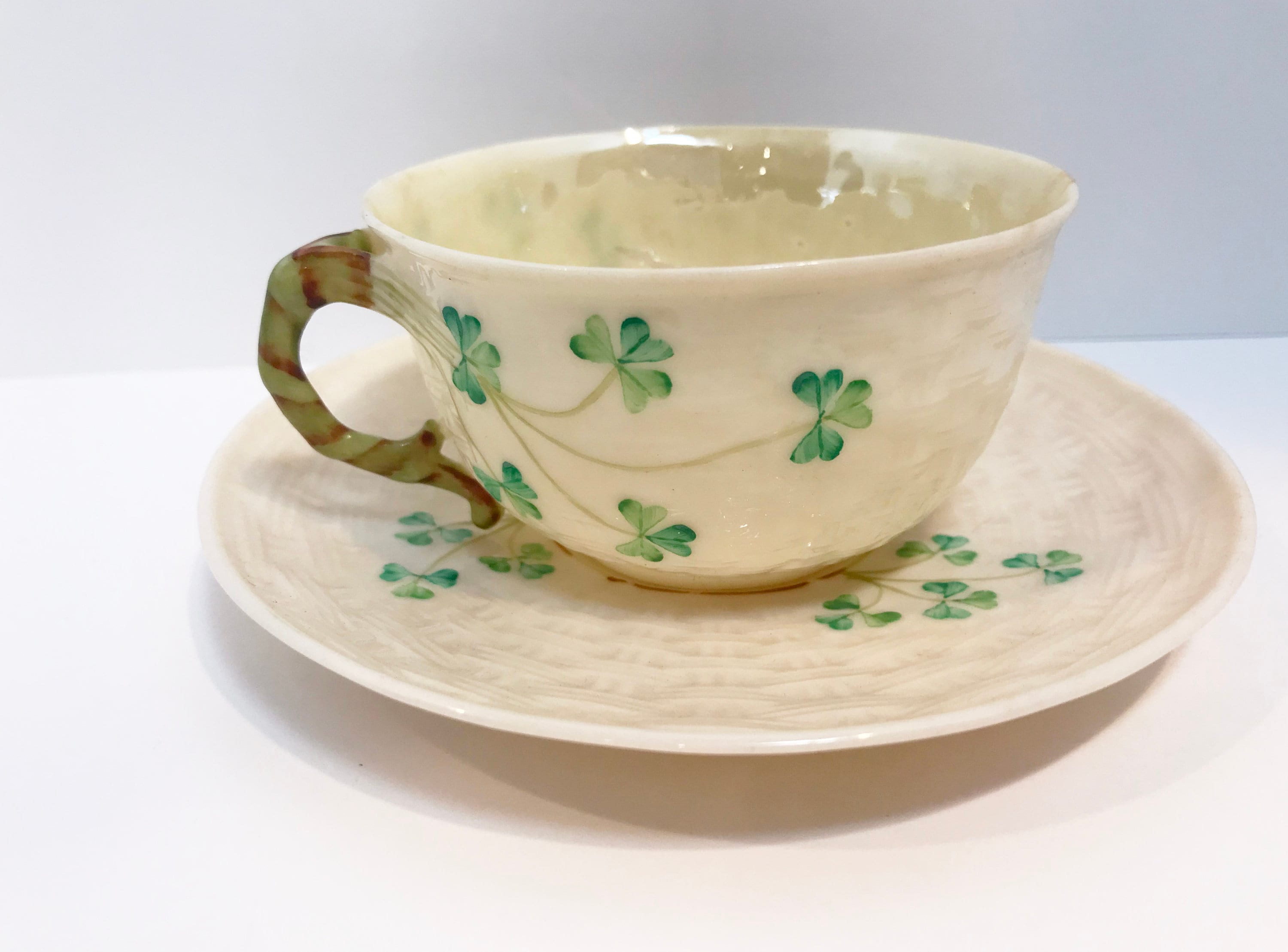 Shamrock Belleek Tea Cup and Saucer, Irish Tea Cup, Basket Weave