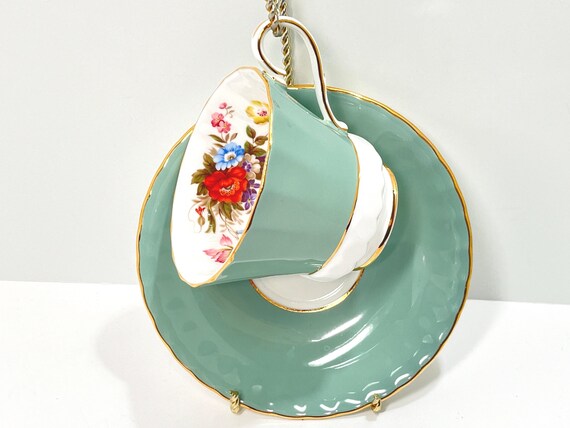 Aynsley Teacup and Saucer, Green Teacup, Gift for Her, Housewarming Gift, Gift for Him, Floral Teacup, Gift for Friend, English Teacup