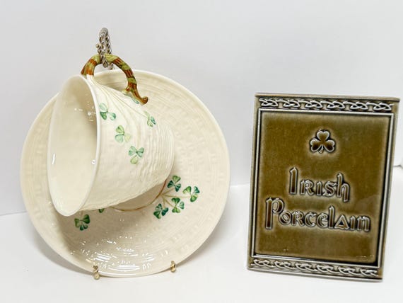 Hand-Painted Shamrock Belleek Teacup and Saucer, Irish Porcelain, Basket Weave (1955-1965)