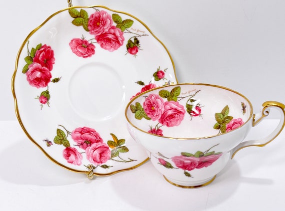 Foley Teacup and Saucer, Artist Signed, Butterfly Teacup, Floral Teacup, Pink Rose Teacup, Anniversary Gift, Gift for Her,
