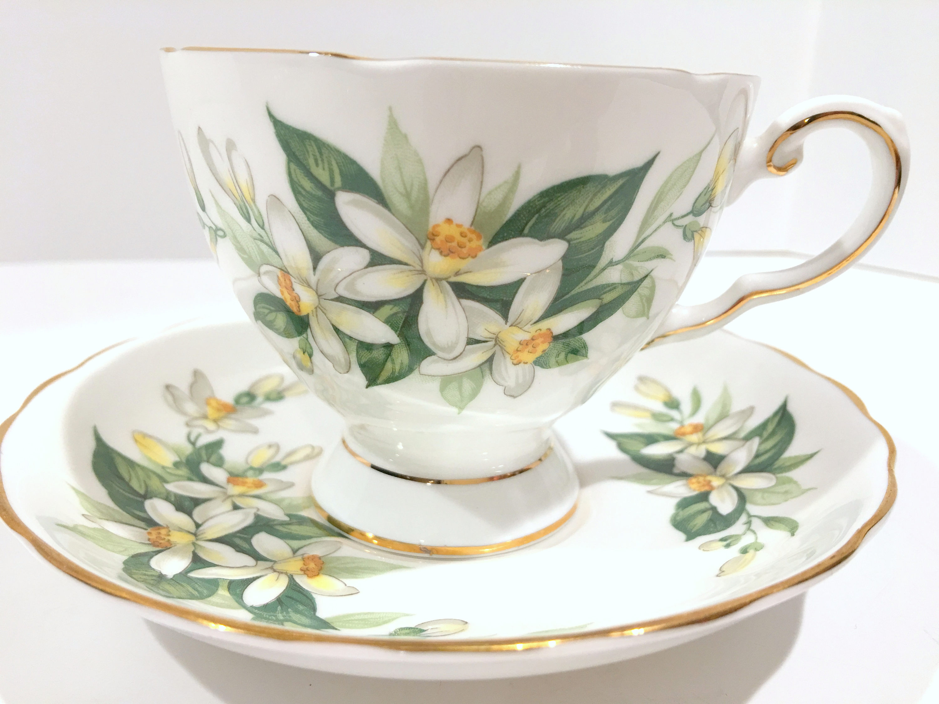 Tuscan Tea Cup and Saucer, Bridal Flower Pattern, Orange Blossom Cup, Antique Tea Cups, English