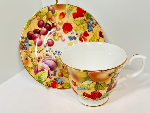 Duchess Teacup and Saucer, English Harvest Pattern, Floral Teacup, Vintage Teacup, Housewarming Gift, Gift for Her, Birthday Gift
