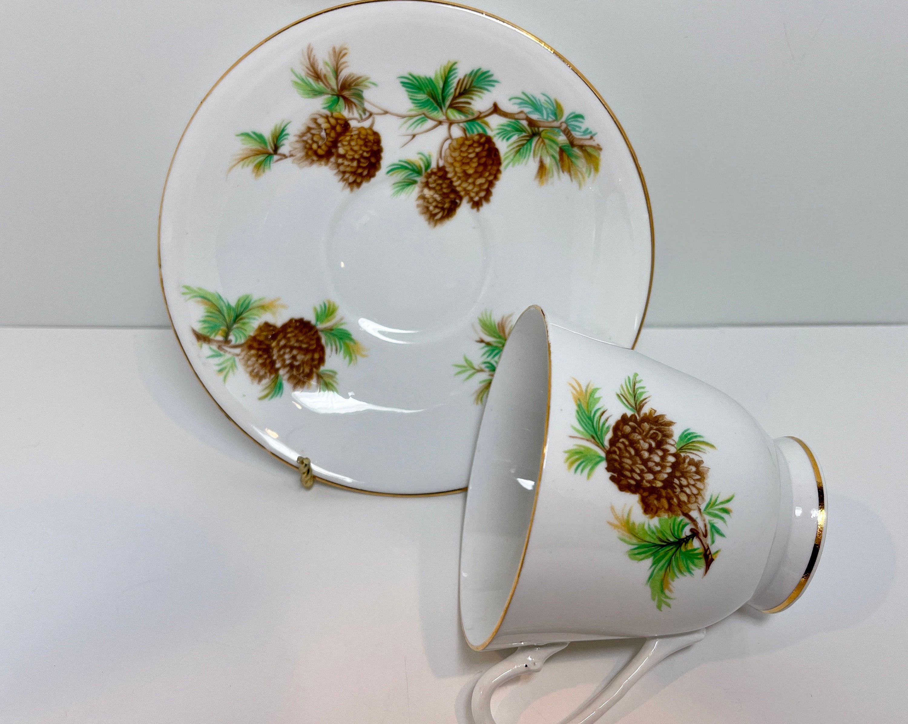 Clarence Teacup and Saucer, English Teacups, Pine Cone Cups, Bone China