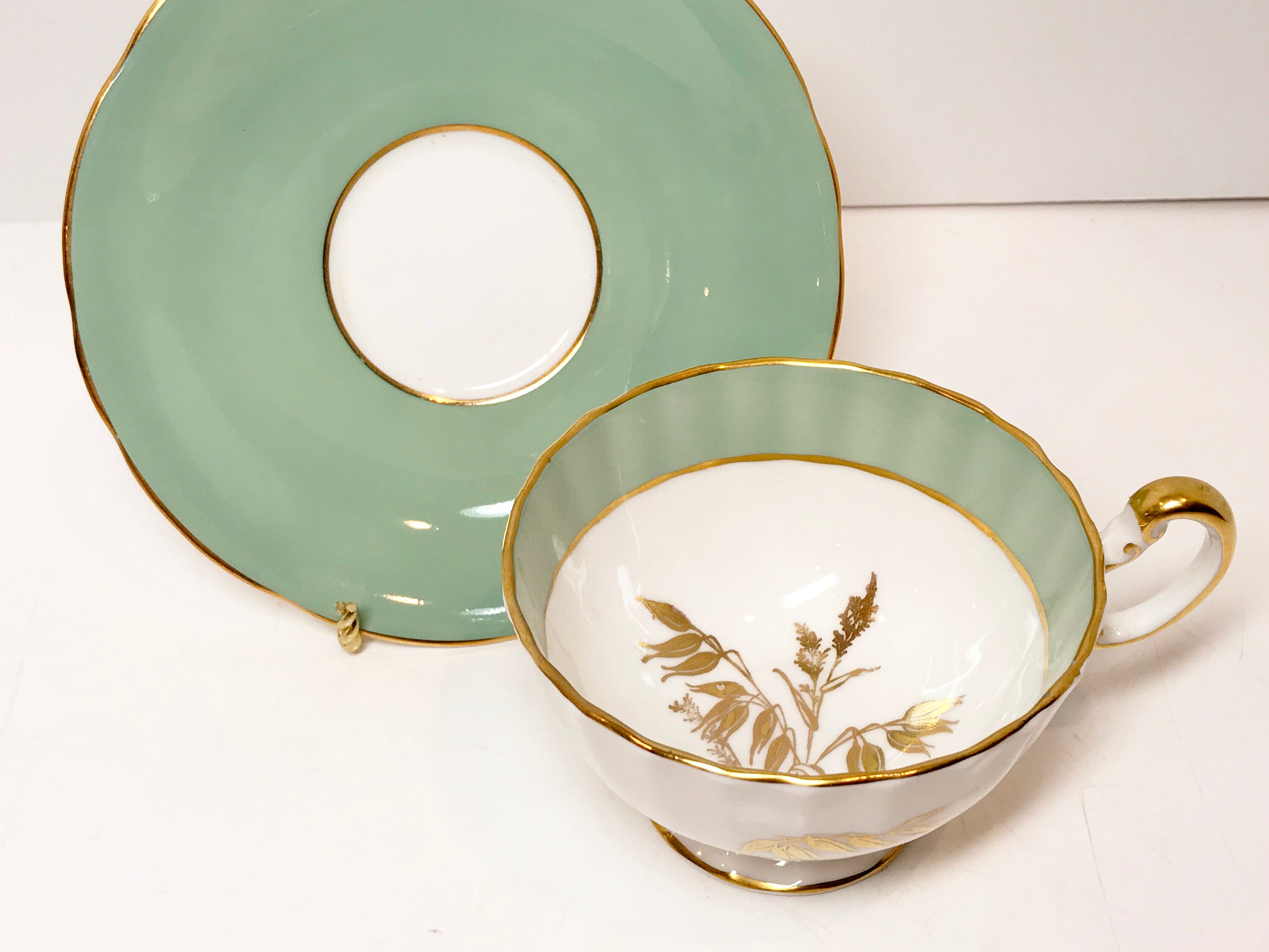 Seafoam Green Aynsley Tea Cup and Saucer, English Bone China Cups