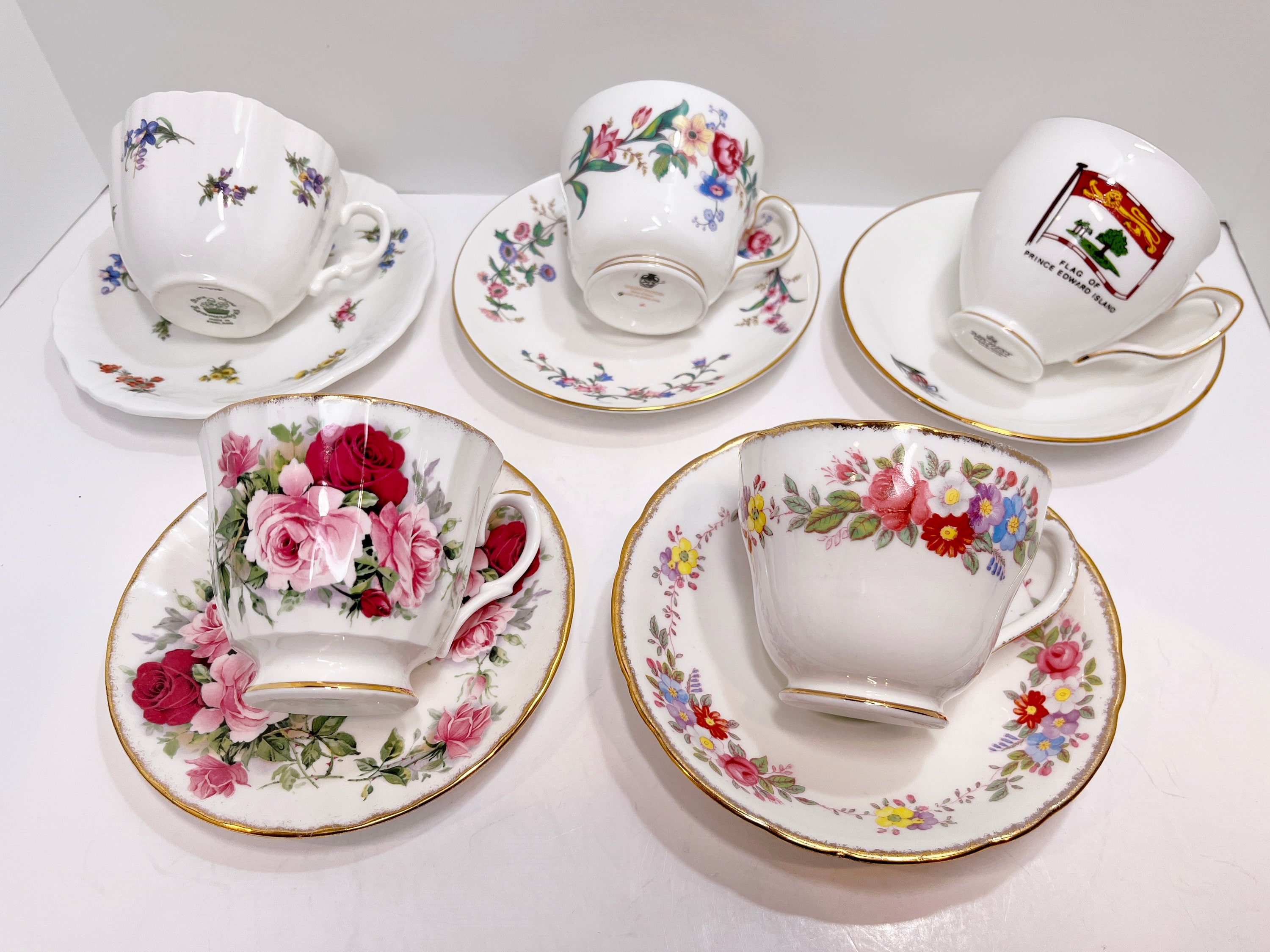 Set of Five Teacups and Saucers , Bridal Shower Teacups , English