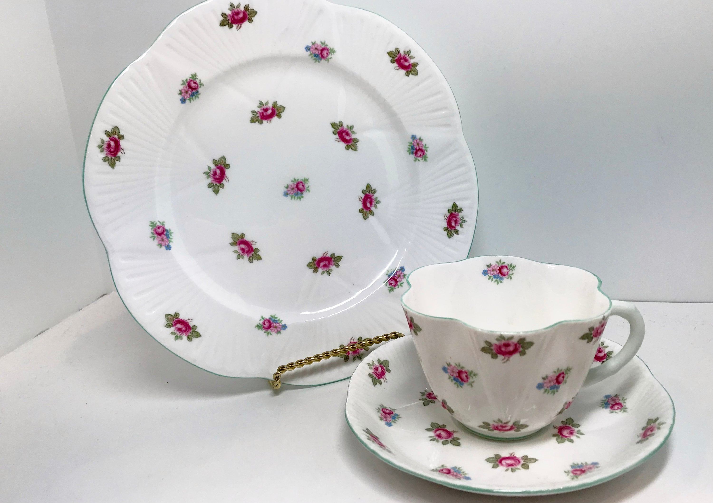 Shelley Rosebud Trio, Shelley Teacups, Floral Tea Cups, English China Tea Cups, Shelley China