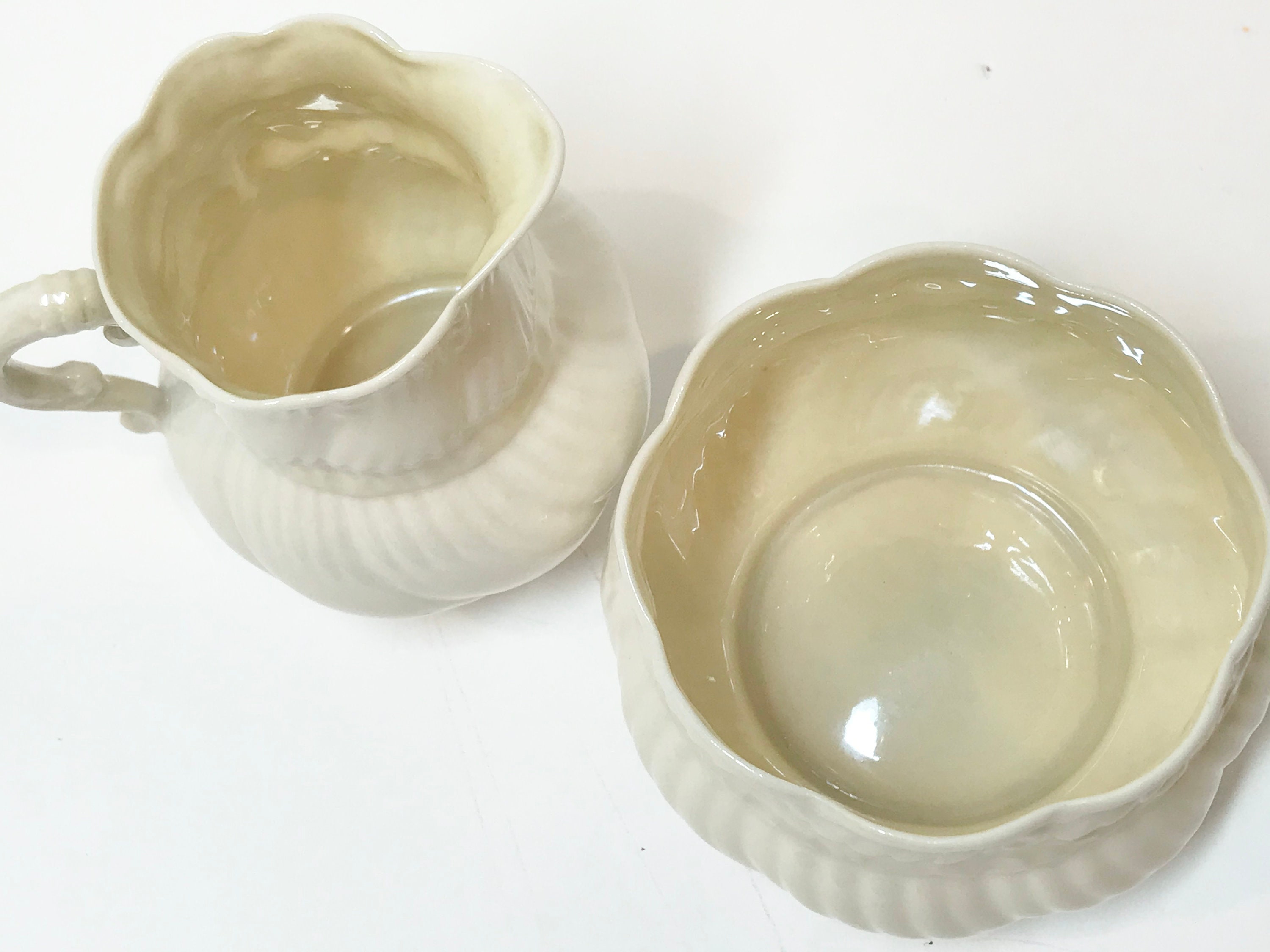 Belleek Pitcher and Bowl, Belleek Ribbon Bow, Fourth Green Mark Belleek