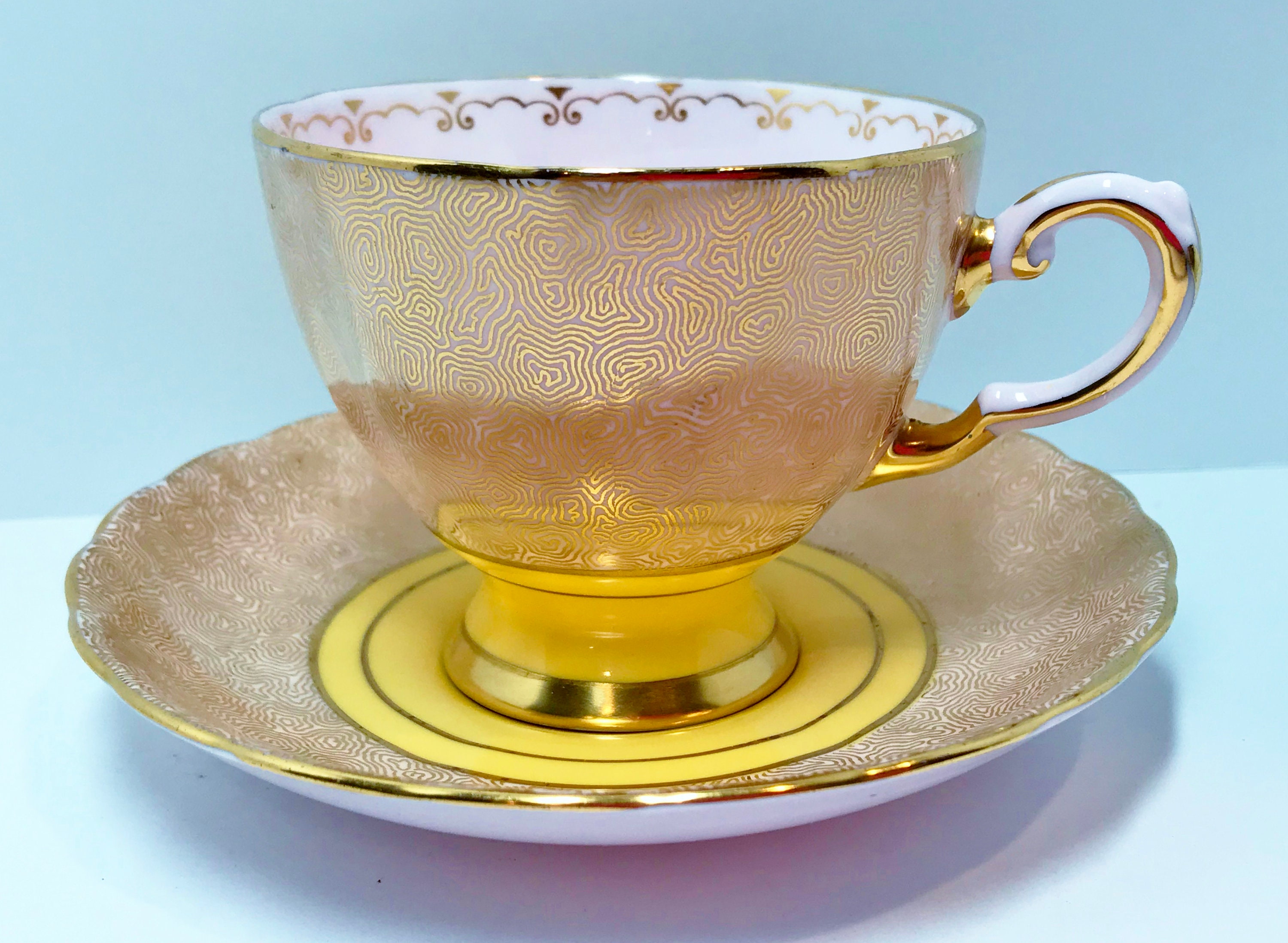 Tuscan Pink Tea Cup and Saucer, Pink Gold Cups, Antique Tea Cups