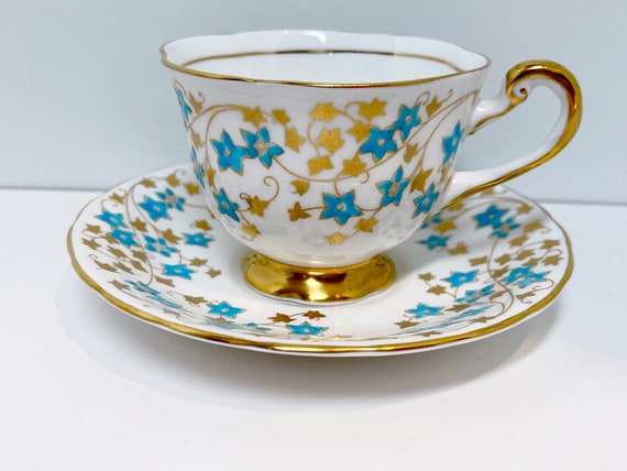 Hand Painted Royal Chelsea Teacup and Saucer, English Teacups, Gold Blue Tea Cups, Bone China Cups, Aqua Gold Teacup, Teatime Teacups