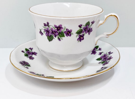 Queen Anne Tea Cup and Saucer , Floral Tea Cup , Purple Violet Teacup , Hostess Gift , Housewarming Gift for Her , Teacher Gift