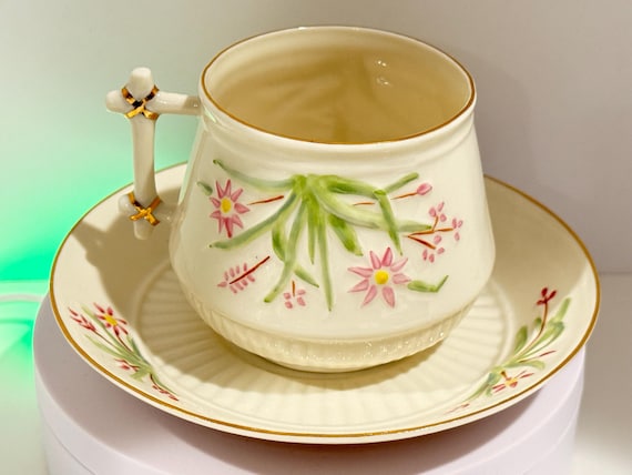 Belleek Teacup and Saucer, Floral Belleek