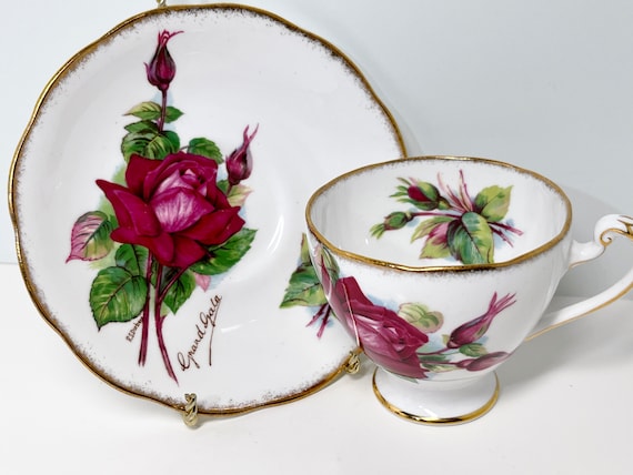 Roslyn Grand Gala Teacup and Saucer, Harry Wheatcroft Roses, Artist Signed, Big Rose Teacup, English Teacup, Gifts for Her, Anniversary Gift