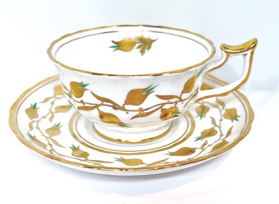 Royal Chelsea Tea Cup and Saucer , English Teacup , Gold White Tea Cups , Bone China Cup , Housewarming Gift for Her