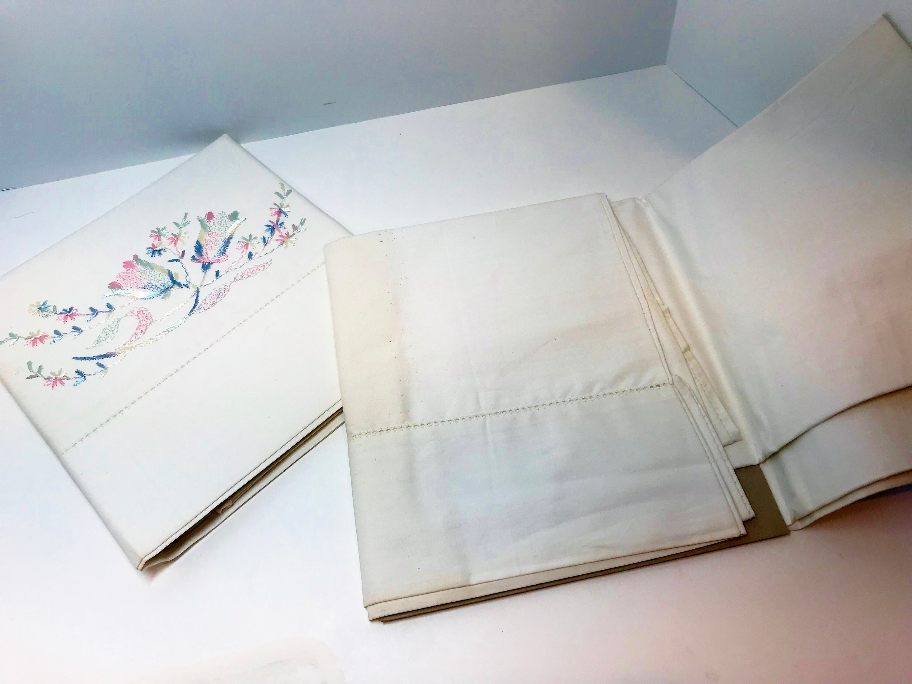 Vintage White Pillowcases, NOS Embroidered Cases, Hand Embroidered