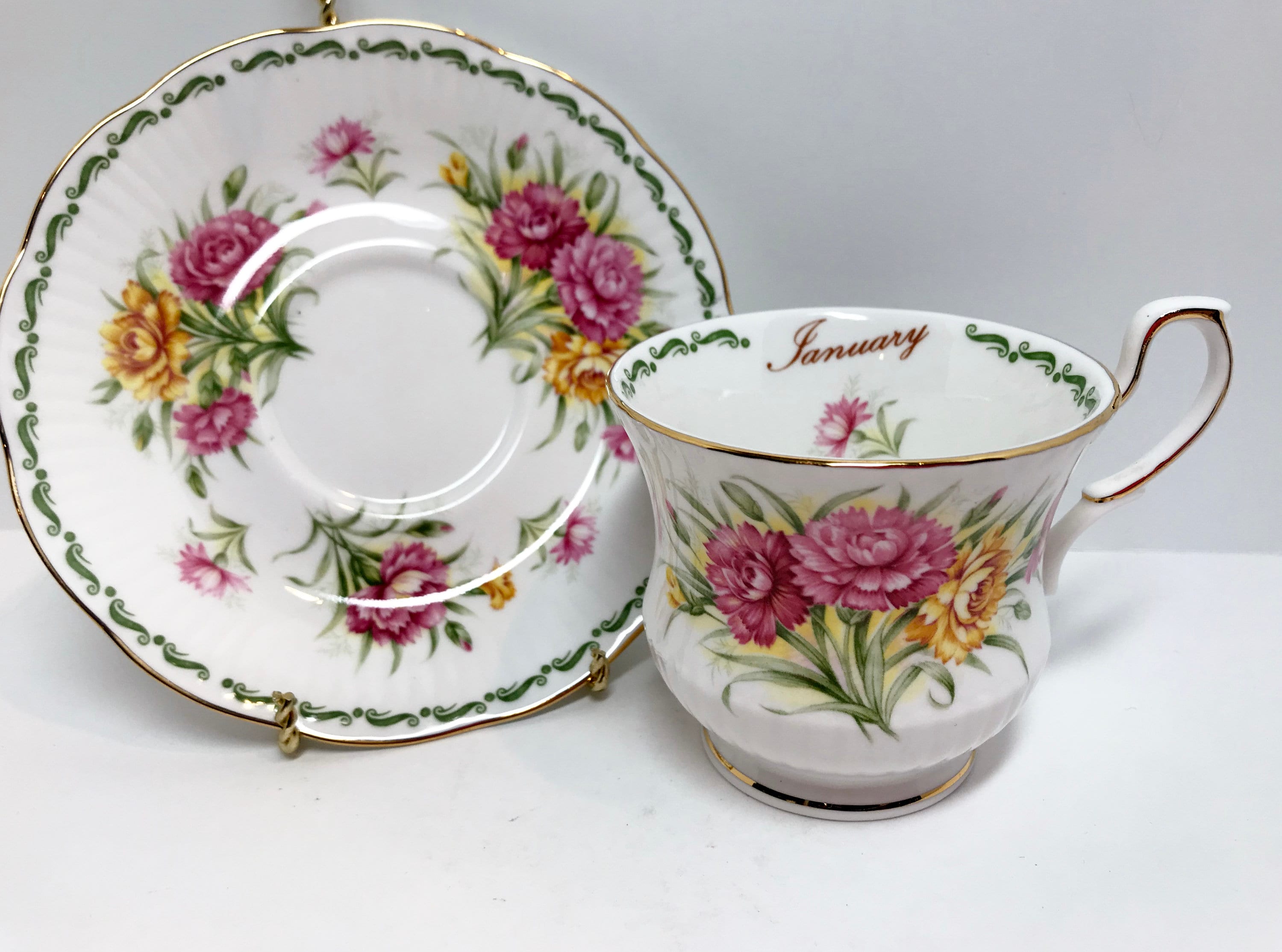 January Birthday Queens Tea Cup and Saucer, Carnation Tea Cup, Antique