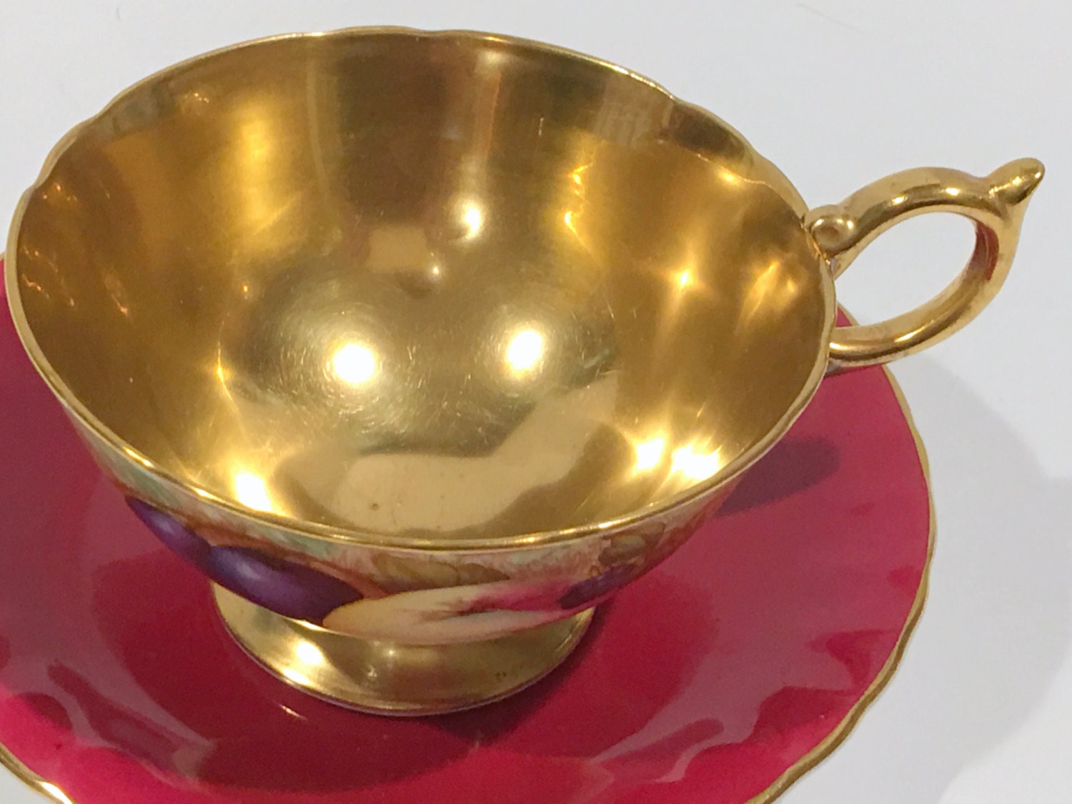 Reserved for D, Rich Red Aynsley Tea Cup and Saucer, Signed Oban Tea