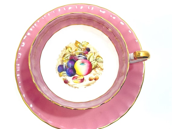 Aynsley teacup, pink fruit design, orchard pattern