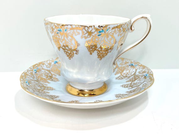 Royal Grafton Teacup and Saucer, Antique Teacups Vintage, Blue Gold Teacup, Anniversary Gift, Gift for Her, Birthday Gift
