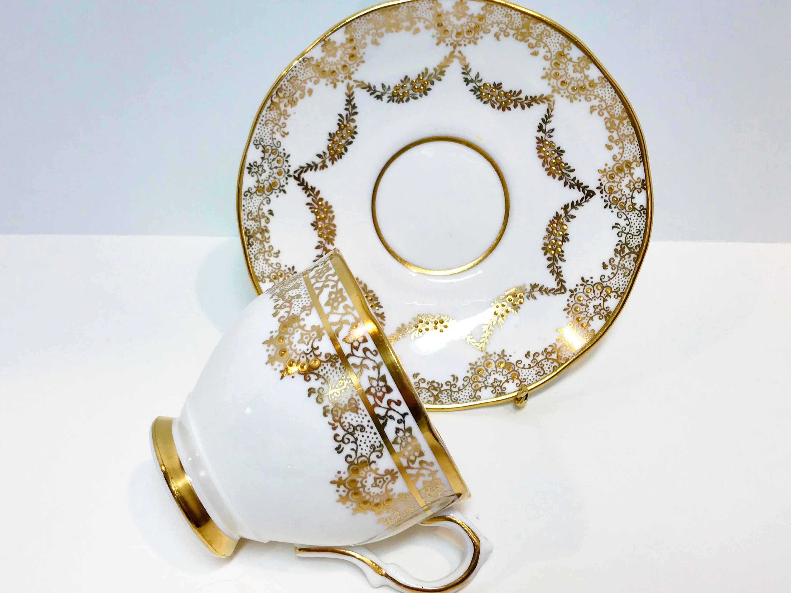 Salisbury Tea Cup and Saucer, White Gold Tea Cups, Antique Tea Cups