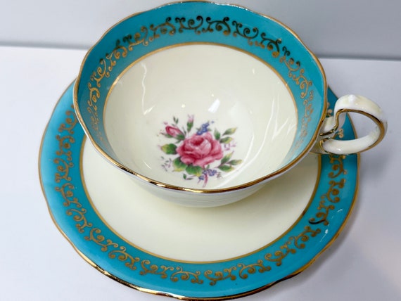 Aqua Aynsley Tea Cup and Saucer, Aynsley Teacups, English Bone China Cups, Antique Teacups, Vintage Tea Cups, Antique Tea Cups, Hand Painted