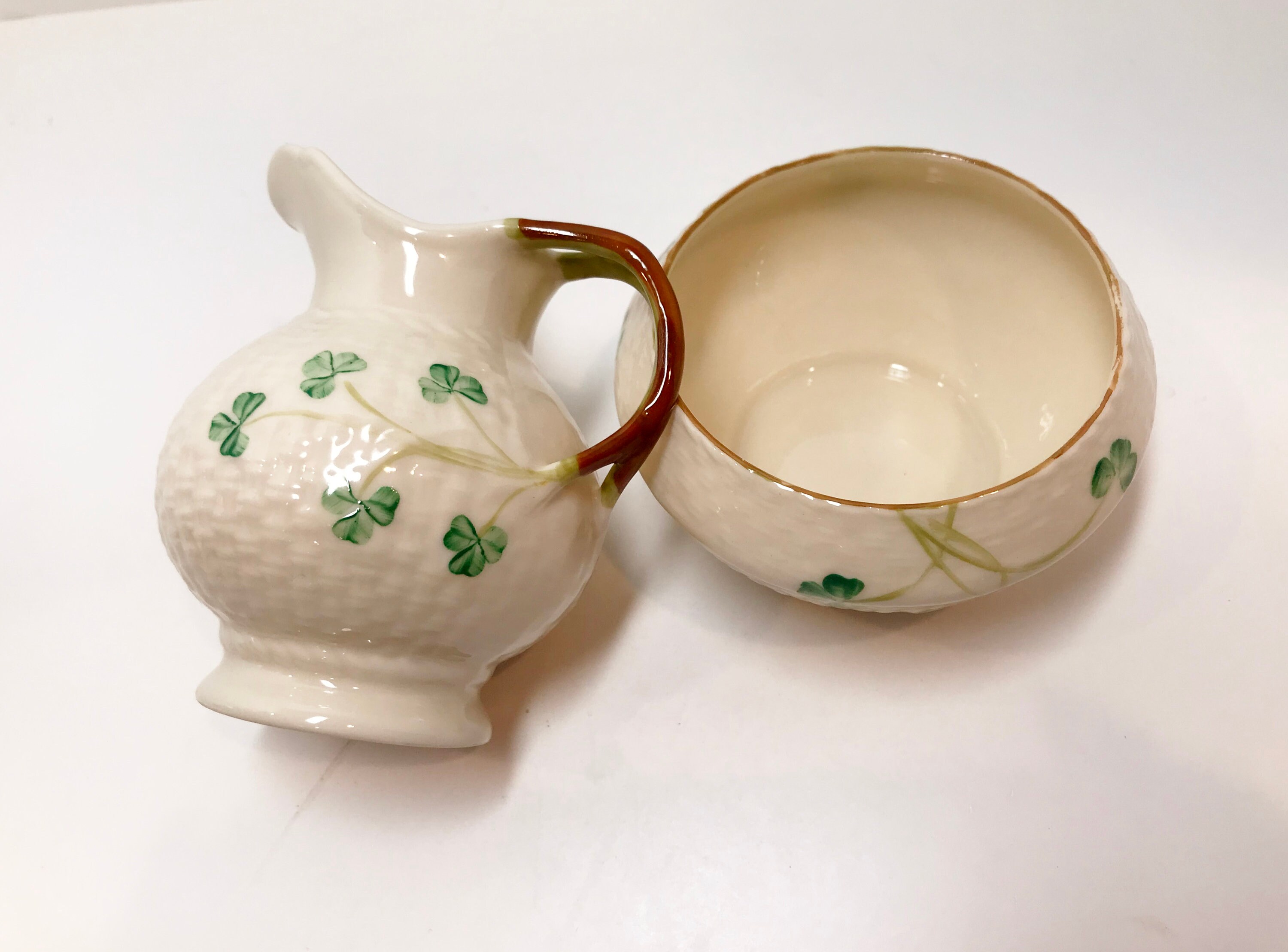 Belleek Sugar Bowl and Creamer, Shamrock Ware Set, Irish Creamer, Brown