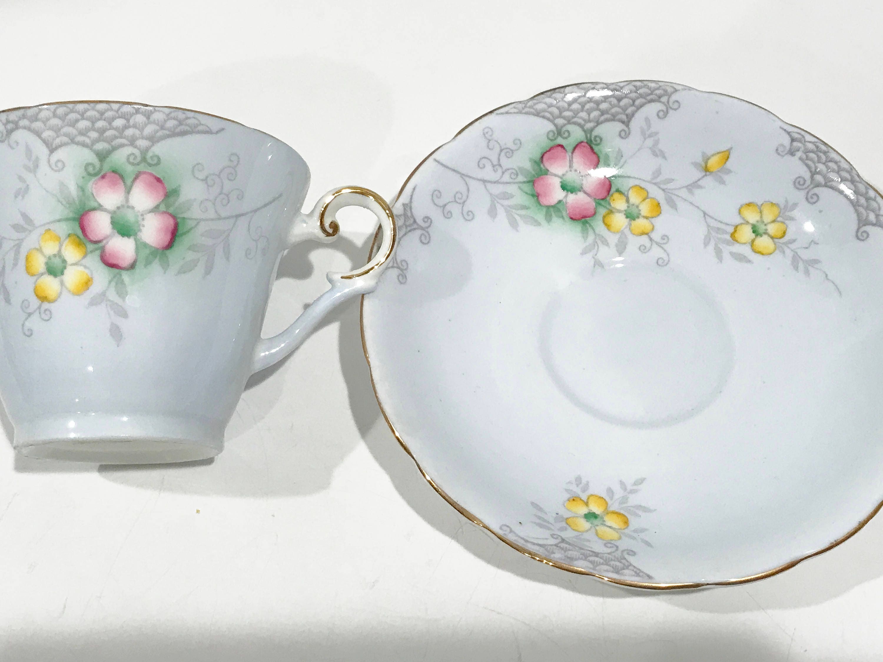 Wellington Tea Cup and Saucer, Antique Tea Cups Vintage, Gray Tea Cups