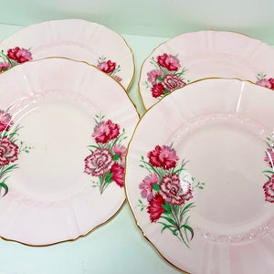 Set of Four Plates , Pink Old Royal Plates , Pink Plates , Bone China Plates , Pink Floral Plates , Pink Carnation Plates , Gift for Her