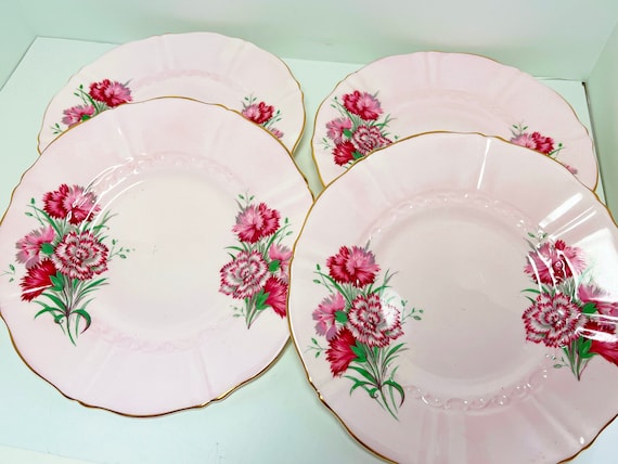 Set of Four Plates , Pink Old Royal Plates , Pink Plates , Bone China Plates , Pink Floral Plates , Pink Carnation Plates , Gift for Her