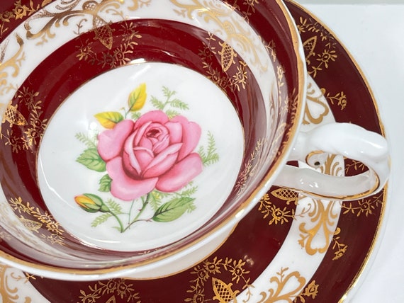 Royal Grafton Tea Cup and Saucer , Dark Red Gold Teacup , Vintage Tea Cup , English Teacup , Friend Gift , Anniversary Gift for Her
