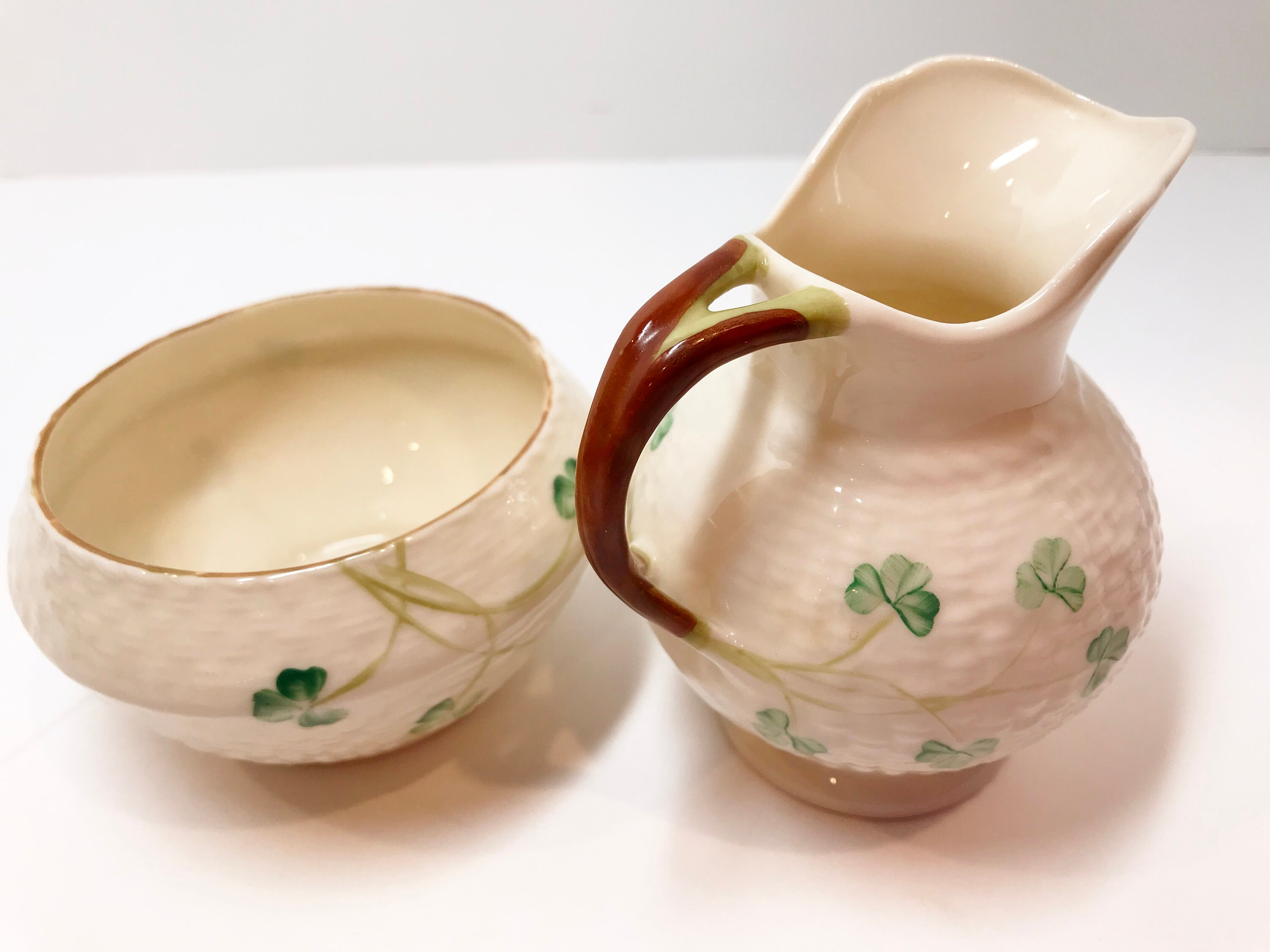 Belleek Sugar Bowl and Creamer, Shamrock Ware Set, Irish Creamer, Brown