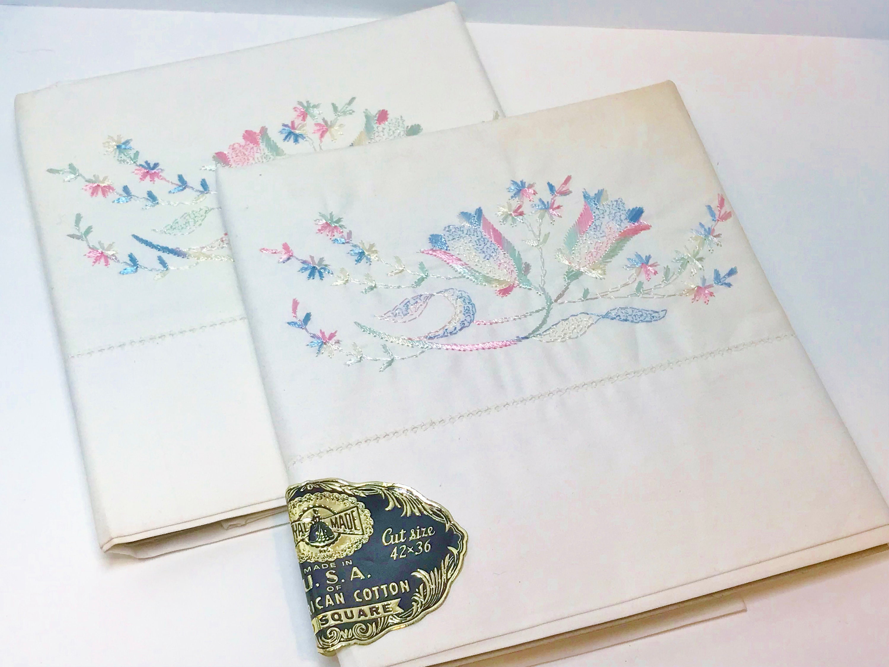 Vintage White Pillowcases, NOS Embroidered Cases, Hand Embroidered